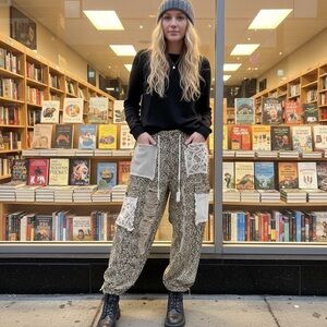 POL Cheetah Leopard Print ripped distressed mixed crochet elastic band joggers